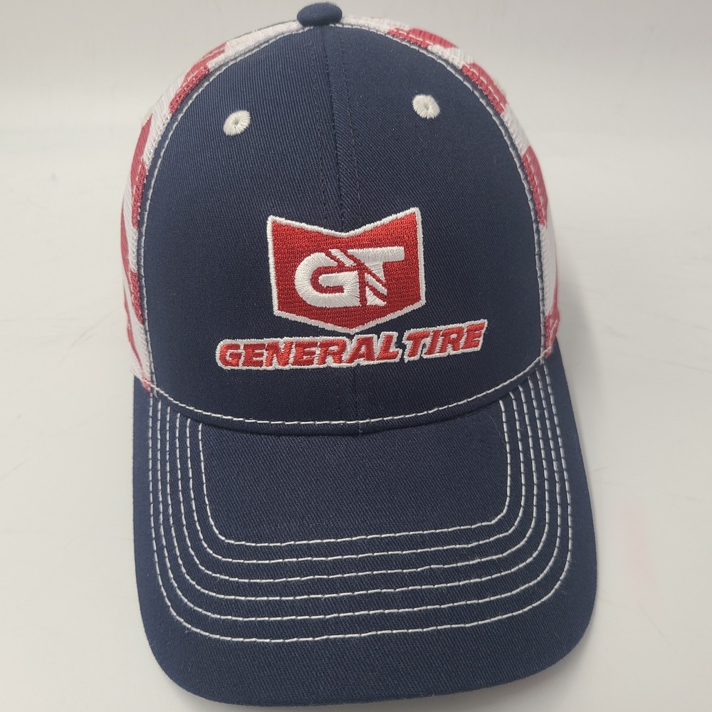 General Tire Hat Snapback Trucker Mesh Blue Red White‎ American Flag USA Racing